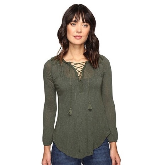 Lucky Brand Lace Up Olive Green Blouse - Picture 2 of 5